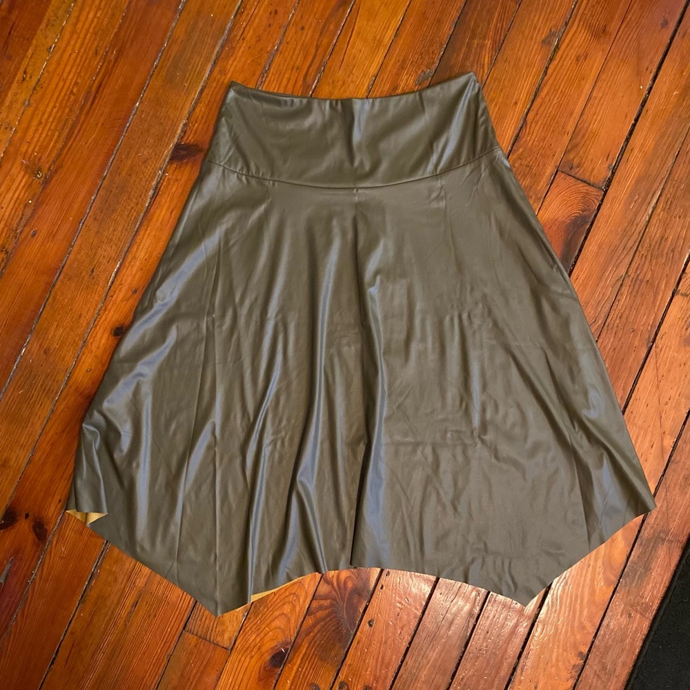 7 For All Mankind Olive Green Asymmetrical Faux leather Midi Skirt Size Large